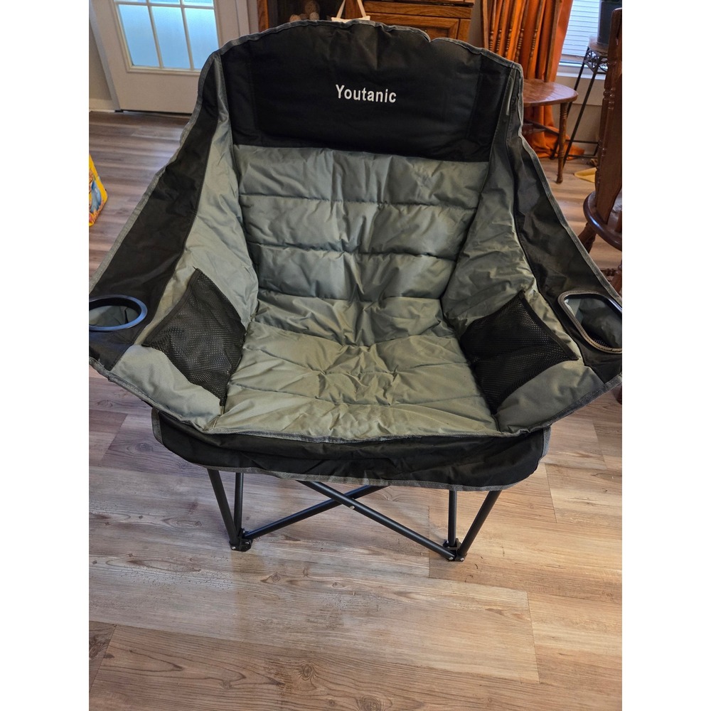 Youtanic Padded Folding Moon Chair Oversized Camping Club Chair Black Grey